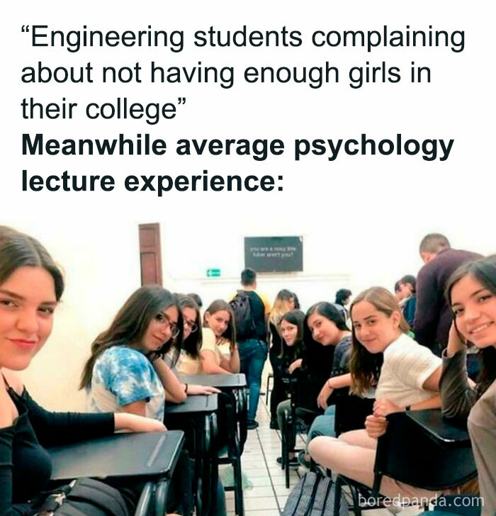 Group of female students smiling and sitting in a classroom, illustrating psychology memes about the human mind.