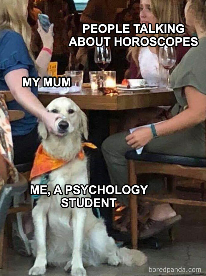 Dog with a covered muzzle labeled as psychology student amid people talking about horoscopes, illustrating human mind humor.