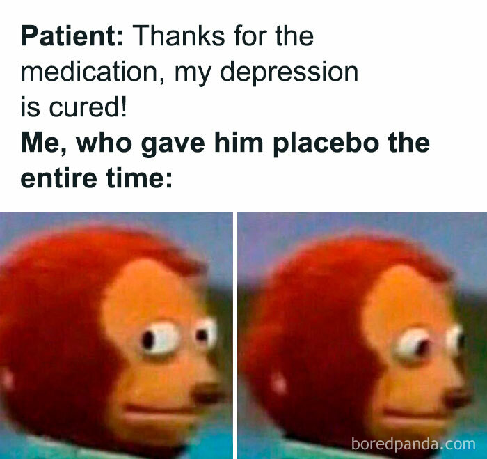 Patient thanking for medication with monkey meme reacting awkwardly, illustrating psychology memes about the human mind.