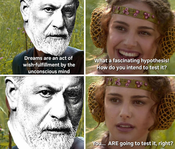 Psychology memes featuring Freud and a curious woman discussing dreams and hypotheses about the human mind.