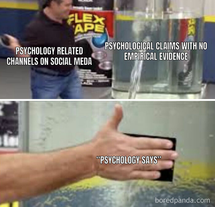 Person demonstrating how psychology related channels on social media spread unsupported psychological claims using memes.