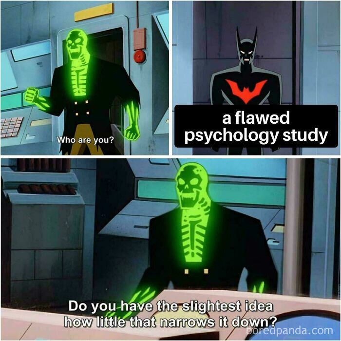 Animated characters discussing a flawed psychology study highlighting common themes in psychology memes about the human mind.