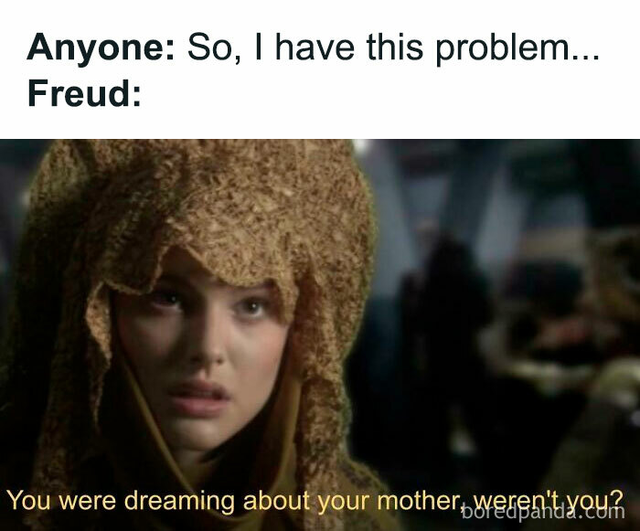 Person dressed in a textured hood responding with a Freud psychology meme about dreaming, illustrating human mind humor.