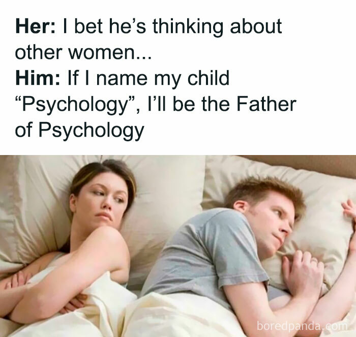 Couple lying in bed with humorous psychology meme about naming a child Psychology, capturing human mind humor.