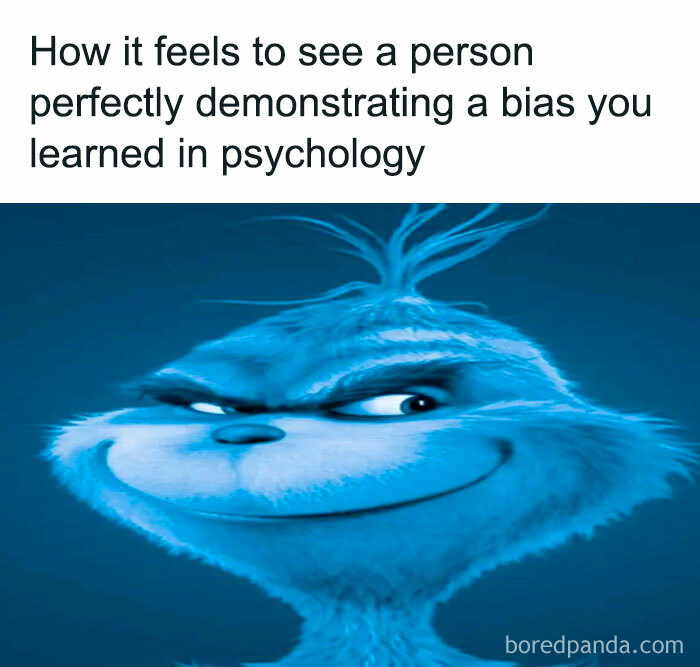 Smiling cartoon character representing the feeling of recognizing a psychology bias, related to psychology memes and the human mind.
