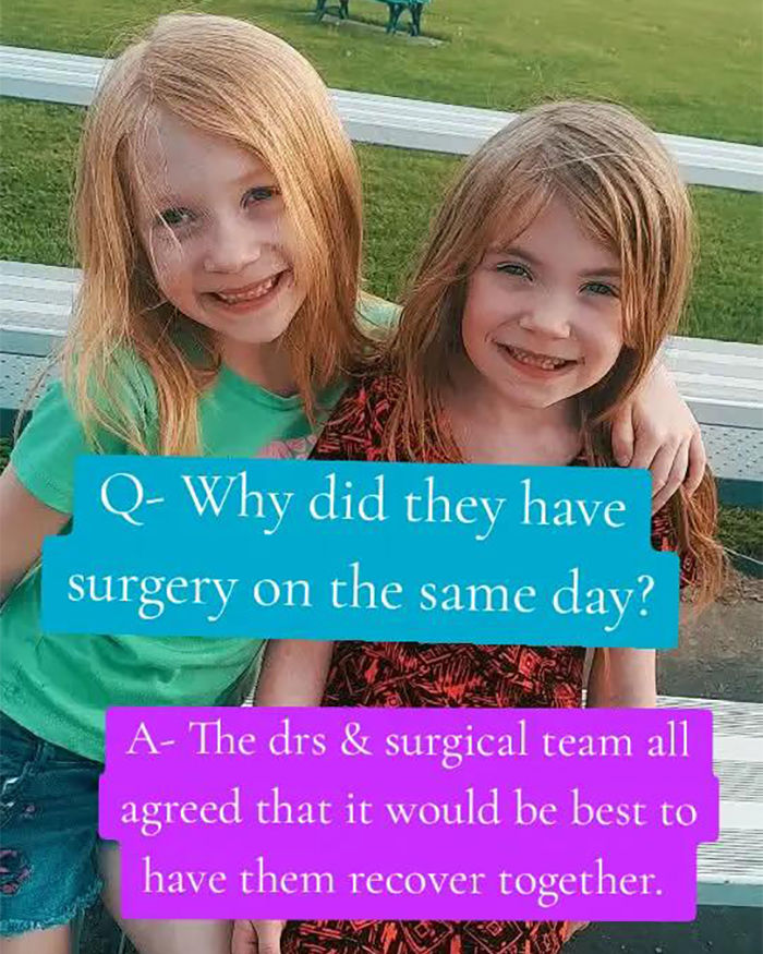 Two little sisters smiling and embracing each other after surgery, showing a heartmelting hospital gesture.