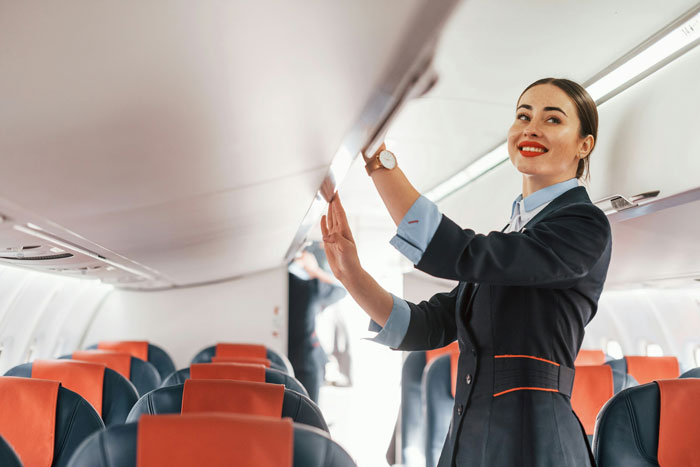 Flight attendant smiling while arranging overhead compartments inside an airplane cabin with empty seats visible.