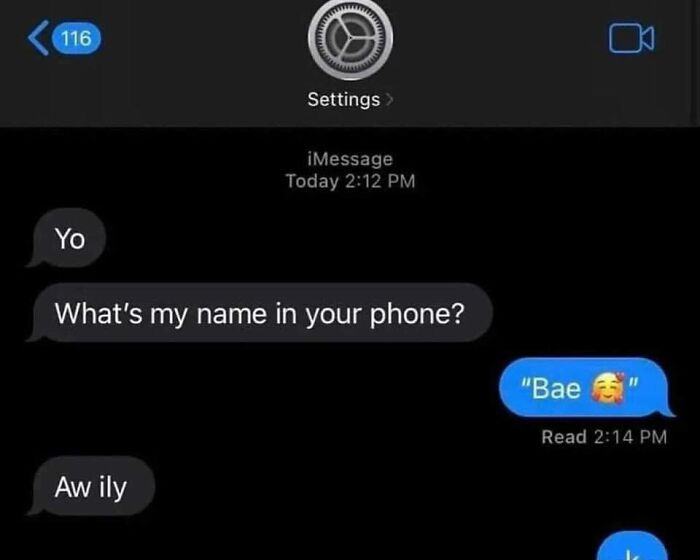 Text message conversation with 116 unread messages, showing a playful chat about contact names and affection humorously out of context.
