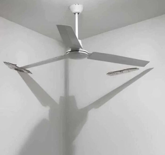 Ceiling fan with peeling blades casting unusual shadows on white walls, creating an out of context occult-like visual effect.