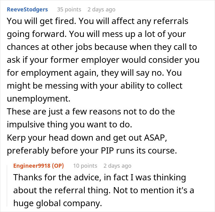 Text comment discussing risks an employee faces when exposing management and HR to coworkers at work.