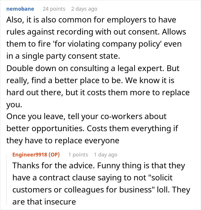 Screenshot of a Reddit conversation about employee concerns on exposing management and HR to coworkers at work.
