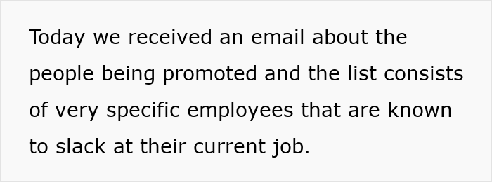 Text about employees promoted despite slacking, highlighting concerns over management and HR transparency.
