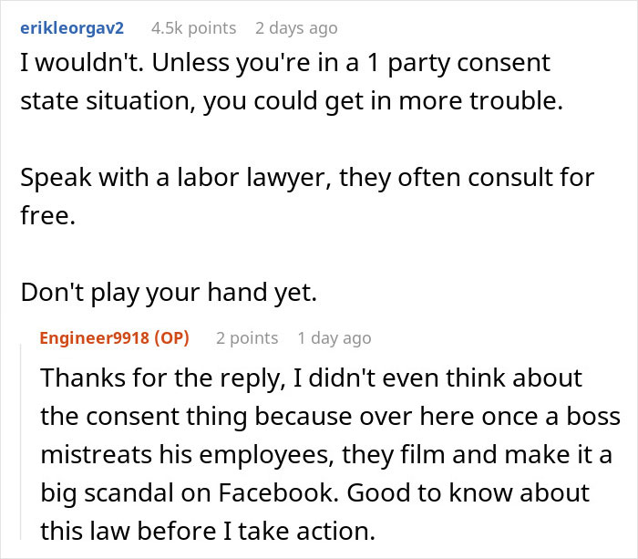 Screenshot of a Reddit conversation about an employee considering exposing management and HR to coworkers.