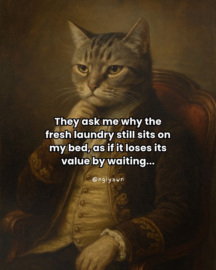 Cat meme featuring a thoughtful cat in vintage clothing, humorously relatable and perfect for cat meme fans.