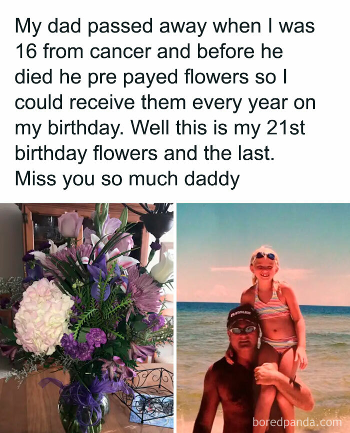 Memorable flowers on birthday and a dad with his daughter at the beach, a touching serotonin boost moment.