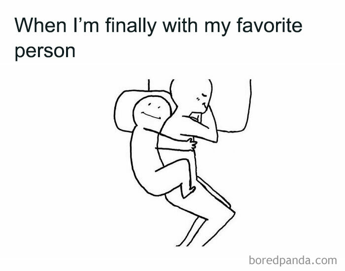 Simple line drawing of two figures cuddling in bed, representing a serotonin boost from being with a favorite person.