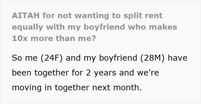 Text excerpt discussing a rich boyfriend demanding equal split rent while the girlfriend refuses to pay equally.