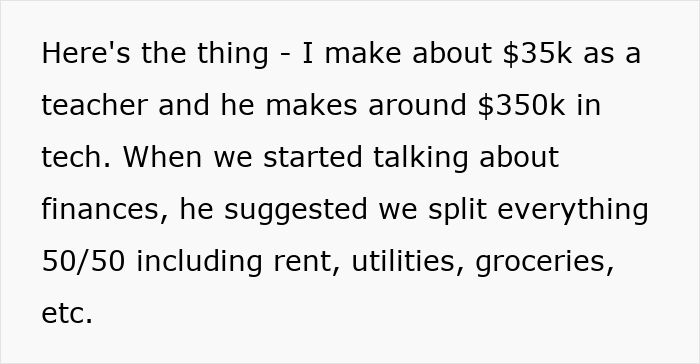 Text excerpt describing a rich boyfriend demanding an equal split of rent and expenses despite income differences.