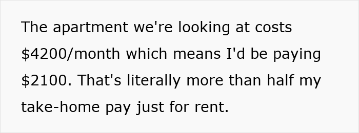 Text showing rent costs for a $4200 apartment with a rich boyfriend demanding equal split but girlfriend refuses.