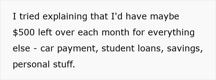 Text on a white background explaining limited monthly budget with $500 left for expenses like car payment and student loans.