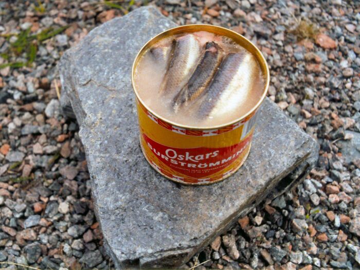 Open can of surströmming, a traditional fermented fish not popular in its country despite tourist interest, placed on stone outdoors.