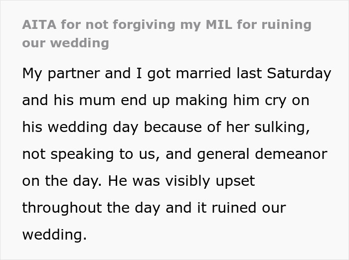 Bride upset as MIL&rsquo;s selfish behavior ruins wedding day, causing tension and emotional distress during the ceremony.
