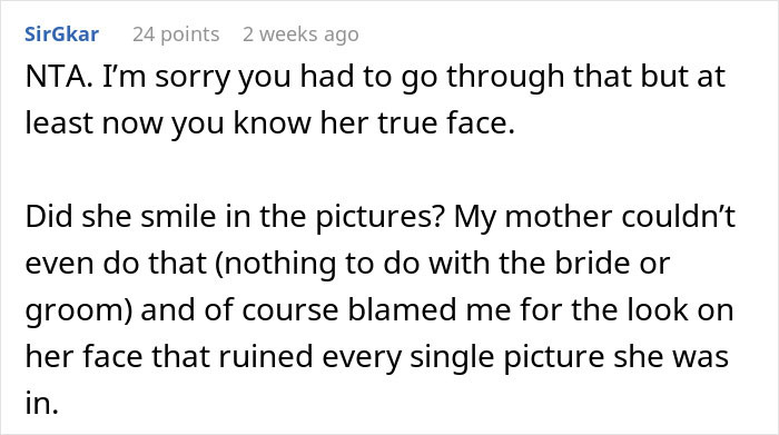 Comment on a forum post discussing a bride wanting to cut her mother-in-law out after she selfishly ruins the wedding day.