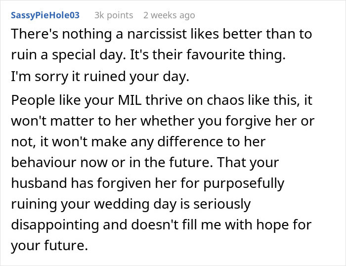 Comment about a mother-in-law ruining a wedding day and the impact on the bride&rsquo;s feelings and future.