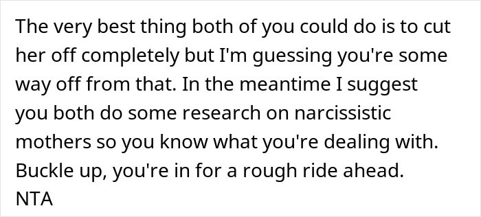Text image showing advice suggesting to cut a narcissistic mother-in-law out of their lives after ruining the wedding day.