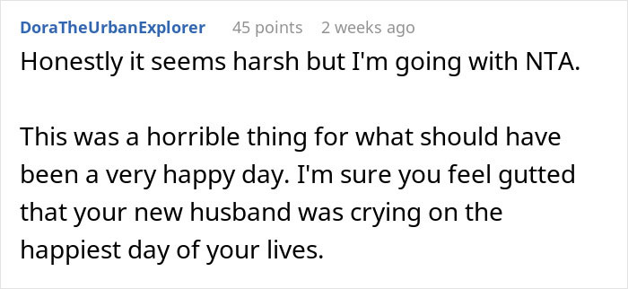 Screenshot of a forum comment discussing a bride wanting to cut her mother-in-law out after a ruined wedding day.