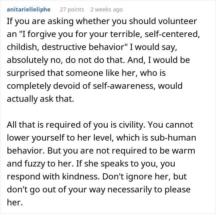 Comment discussing how a bride should handle her difficult mother-in-law who ruined the wedding day.