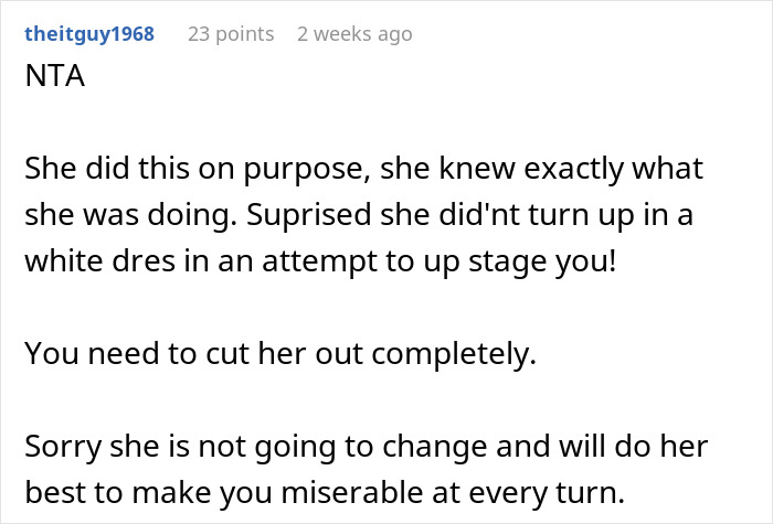 Comment discussing bride wanting to cut MIL out after she selfishly ruins wedding day with intentional actions.