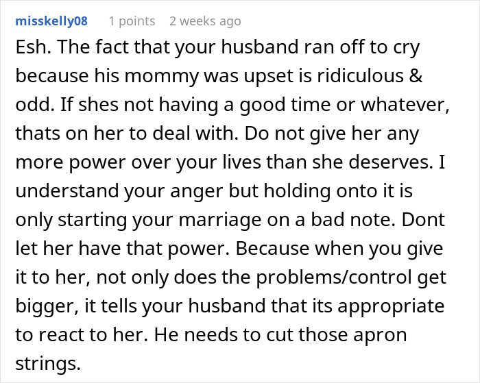 Reddit comment advising bride to cut toxic mother-in-law ties after she ruins the wedding day and disrupts marriage start.