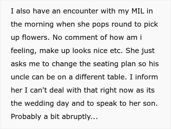Text excerpt showing bride encountering MIL on wedding day, dealing with seating plan issues amid wedding stress.