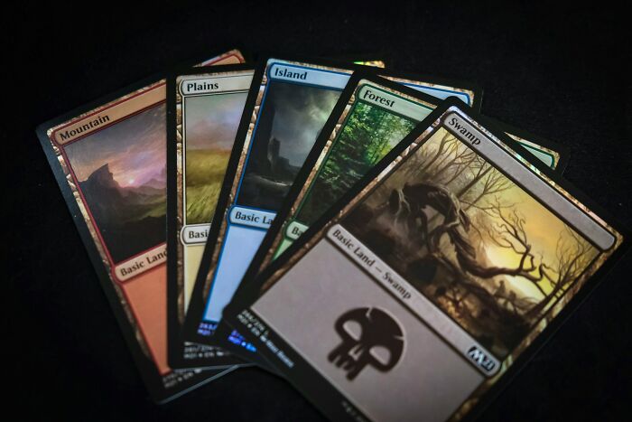 Five Magic: The Gathering basic land cards fanned out on a dark surface.