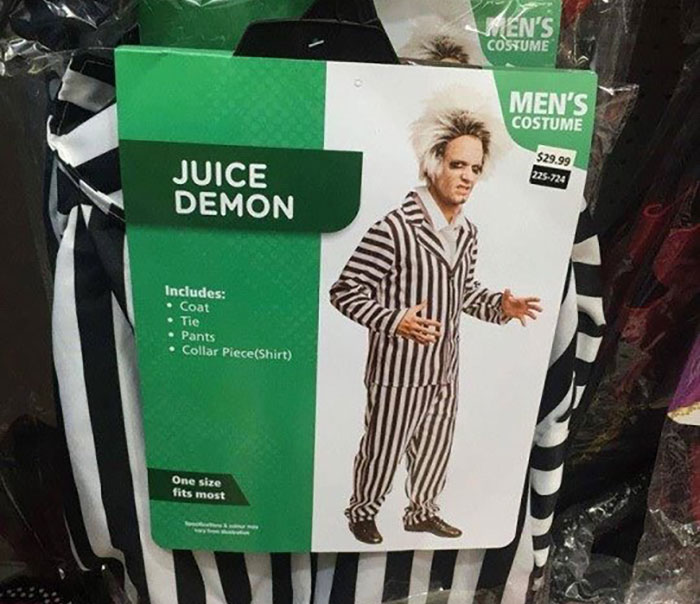Off-brand Halloween costume packaging labeled Juice Demon with striped suit and wild hair, a funny Halloween costume idea.
