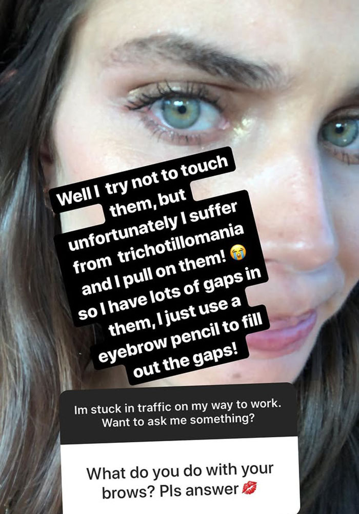 Close-up of a Victoria&rsquo;s Secret model discussing trichotillomania and how she fills in gaps in her eyebrows.