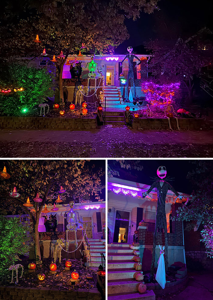 Outdoor Halloween decorations featuring glowing pumpkins, skeletons, and colorful lights creating a spooky nighttime display.
