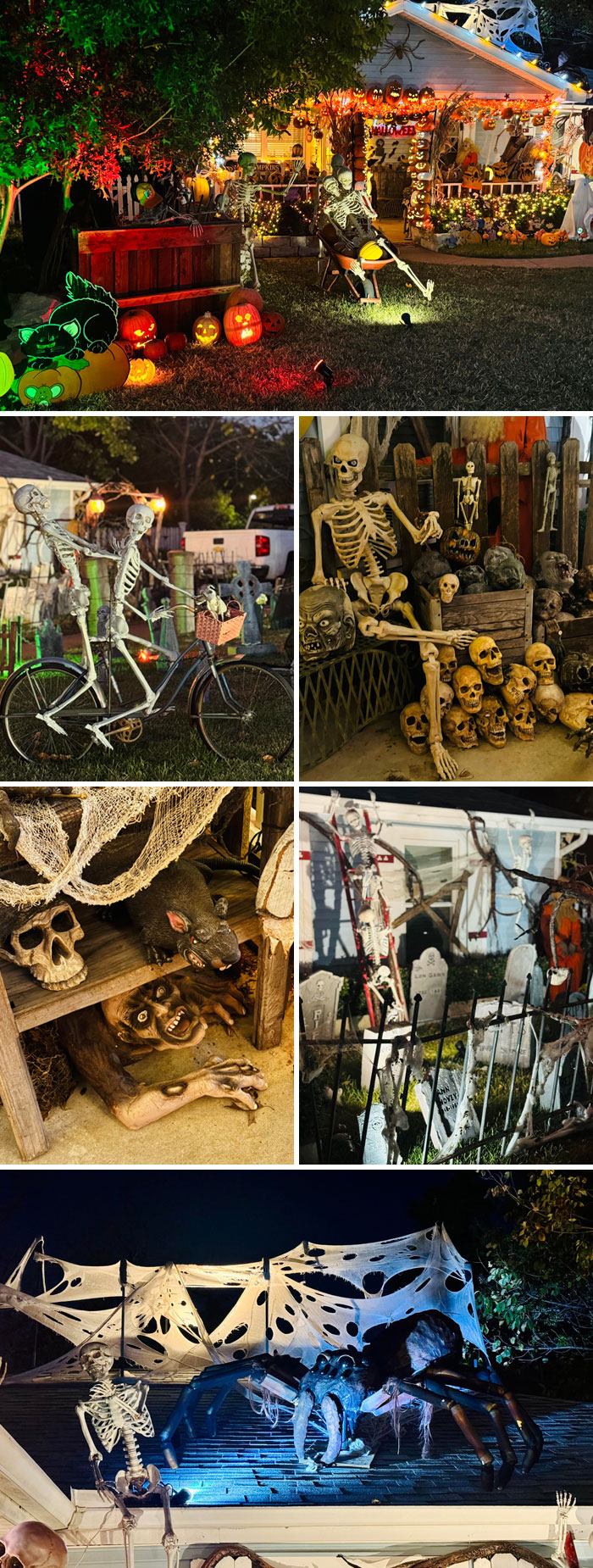 Outdoor Halloween decorations featuring skeletons, pumpkins, spooky props, and large spider webs at night.