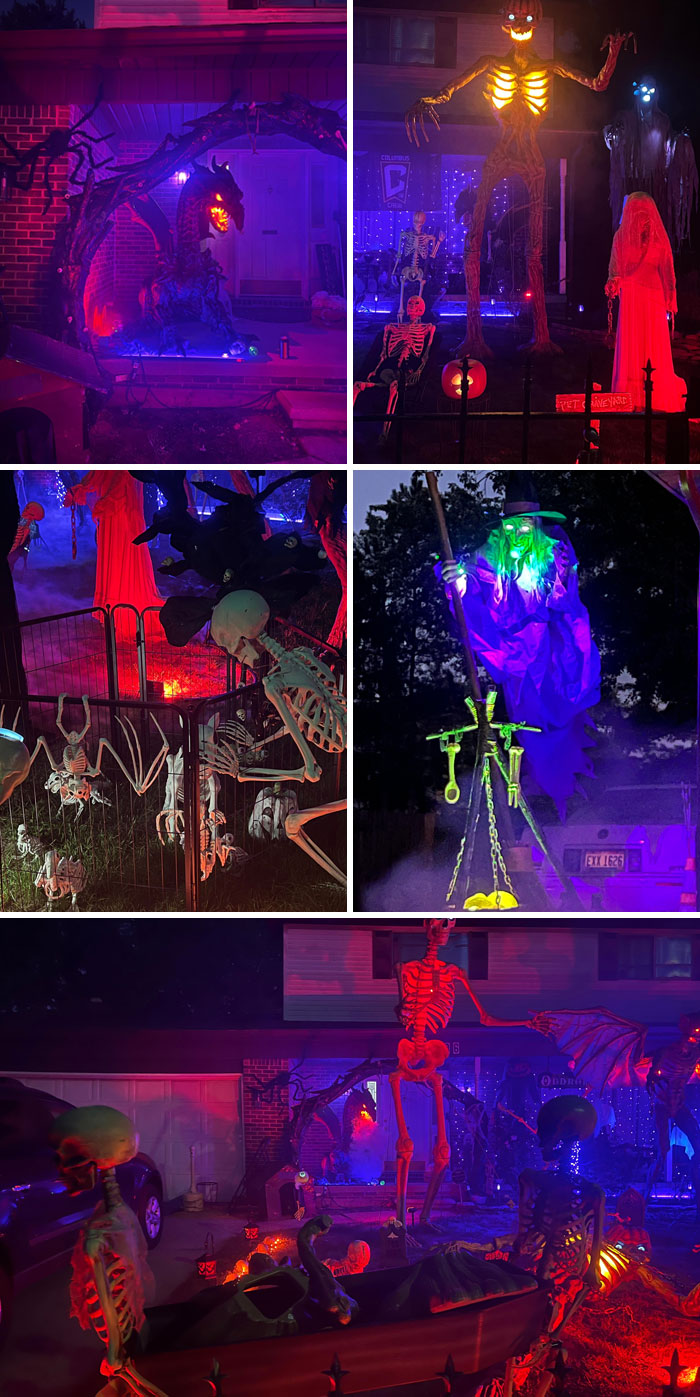 Halloween outdoor decorations featuring glowing skeletons, witches, and spooky creatures illuminated in colorful lights.