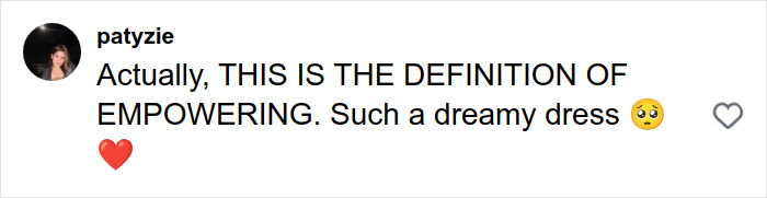 Comment praising Sydney Sweeney&rsquo;s gravity-defying dress as empowering and dreamy with heart and awe emojis.