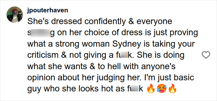 Comment praising Sydney Sweeney&rsquo;s confidence and style, highlighting the impact of her gravity-defying dress.
