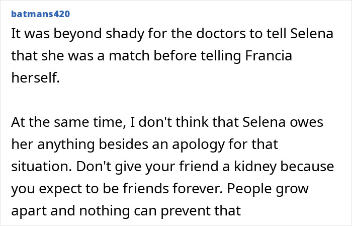 Comment discussing Selena Gomez's kidney donor and controversies about their friendship and wedding claims. Comment discussing Selena Gomez's kidney donor and controversies about their friendship and wedding claims.