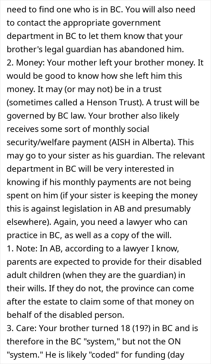 Text excerpt discussing legal guardianship and financial support concerns for an autistic brother abandoned by his sister.