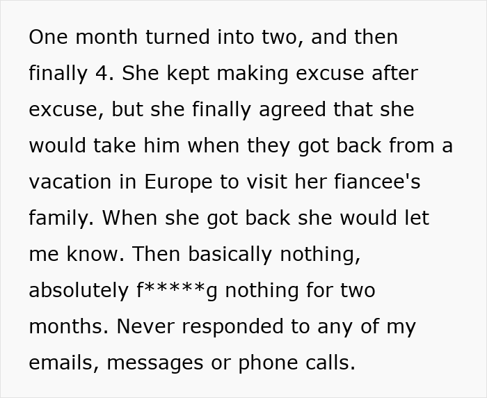 Text describing a woman&rsquo;s sister abandoning their autistic brother and disappearing to Europe, ignoring calls and messages.