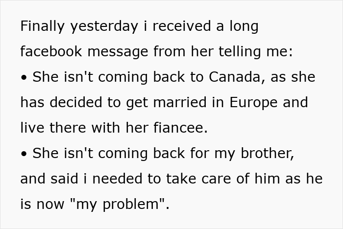 Text excerpt about woman&rsquo;s sister abandoning their autistic brother and disappearing to Europe, deciding not to return to Canada.