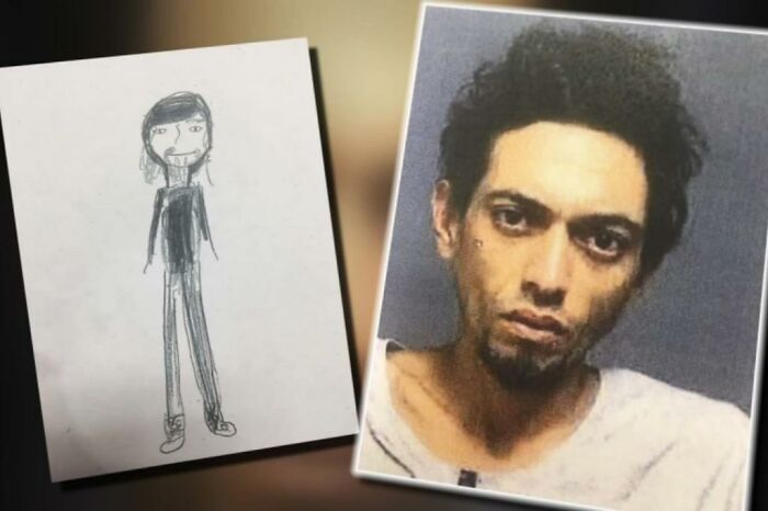 Police sketch resembling a poorly drawn caricature next to the actual mugshot of a man with disheveled hair.