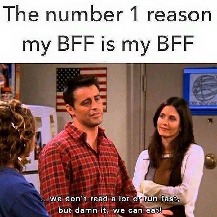 Scene from Friends with Joey in a red plaid shirt and Monica smiling, a girly meme about friendships and relatable moments