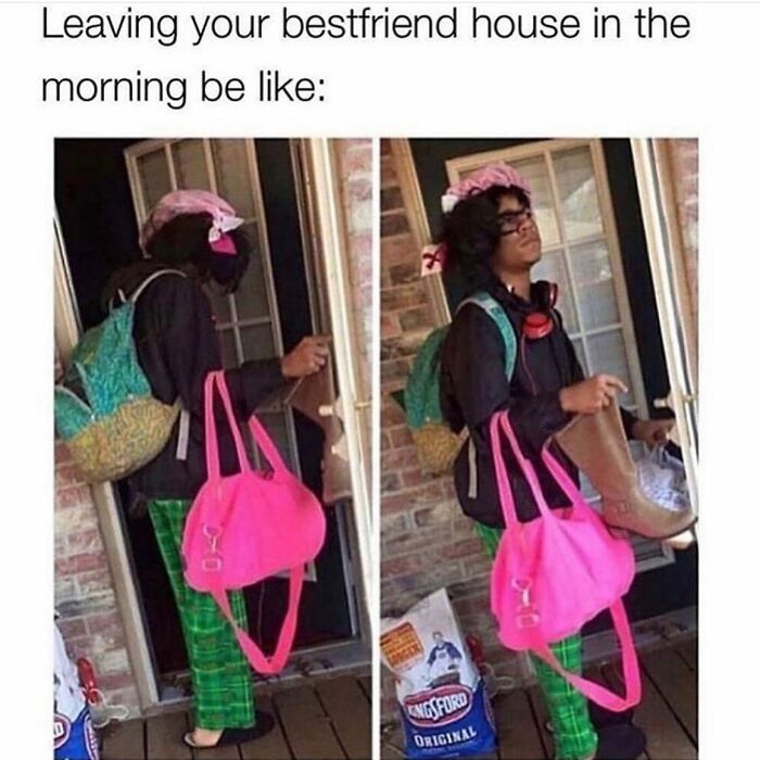 Person leaving bestfriend's house in the morning wearing colorful clothes and carrying a bright pink bag in a relatable girly meme about friendships.