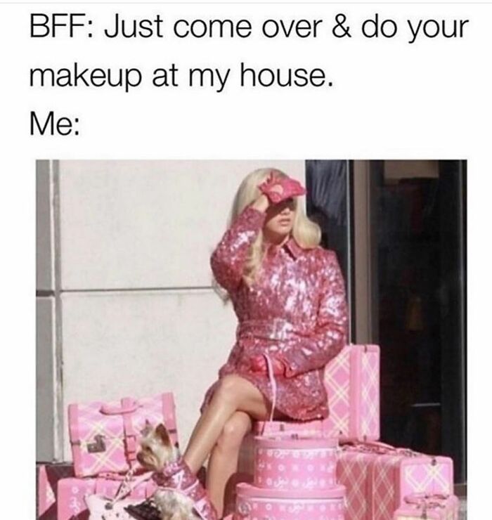 Woman in a pink sequin outfit sitting with matching pink gift boxes and a dog, representing girly memes about friendships.
